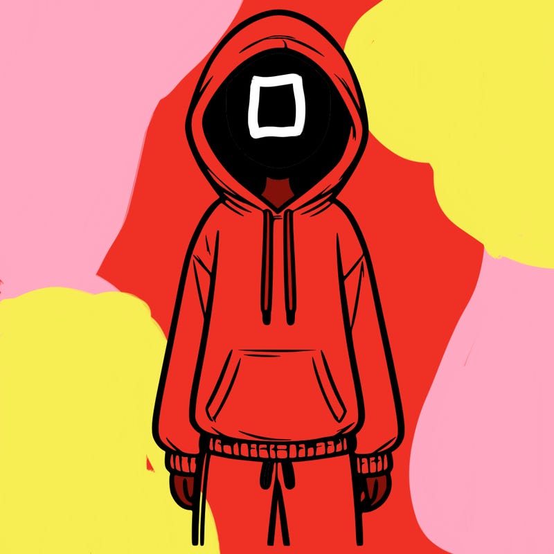 faceless girl in a tracksuit with a hood on and no hair