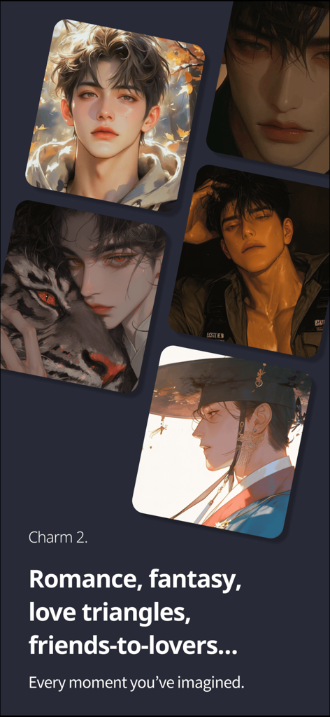 A collection of stylized male anime character portraits showcasing different romance and fantasy tropes within the app.