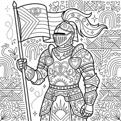 Embark on a vibrant coloring journey with this majestic High Medieval Knight, proudly displaying symbols of love and diversity for Pride Month. This intricate design invites colorists to celebrate courage and inclusivity through art.