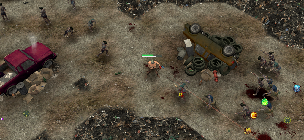 Scrappage‎ - Top down action gameplay of Scrappage featuring a character fighting mutants in a wasteland