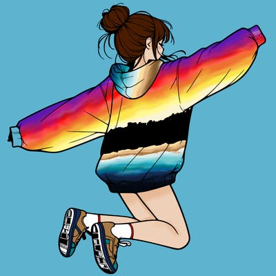 realistic girl jumping with a bun and oversized sweatshirt