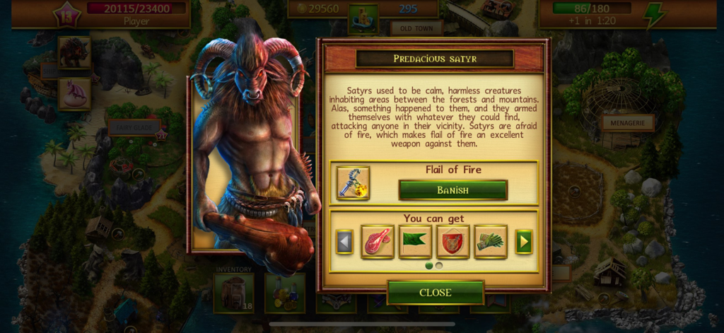 Mahjong Island - Tile Match - Un perfil de personaje para un Sátiro Predador que muestra la historia de la criatura y las recompensas en Mahjong Island.