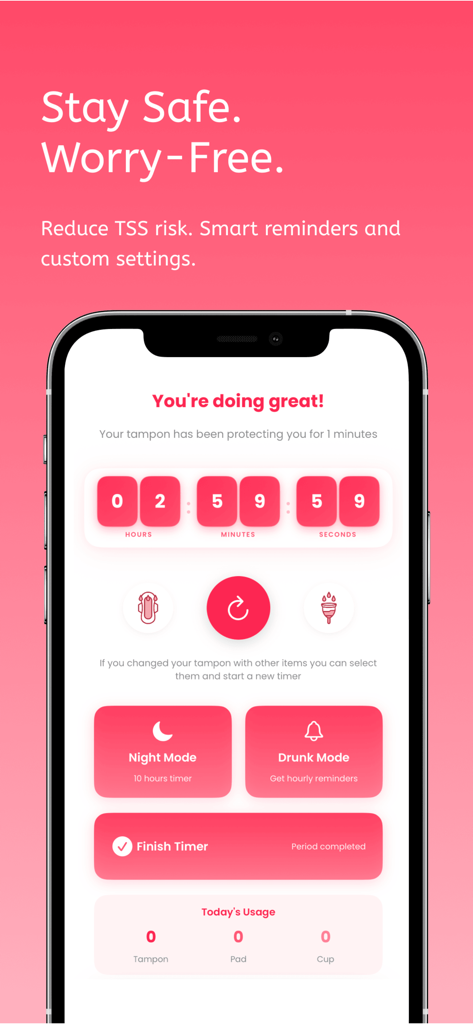 Tampon Timer - Period Tracker - Interface of Tampon Timer app showing product countdown and safety reminder modes