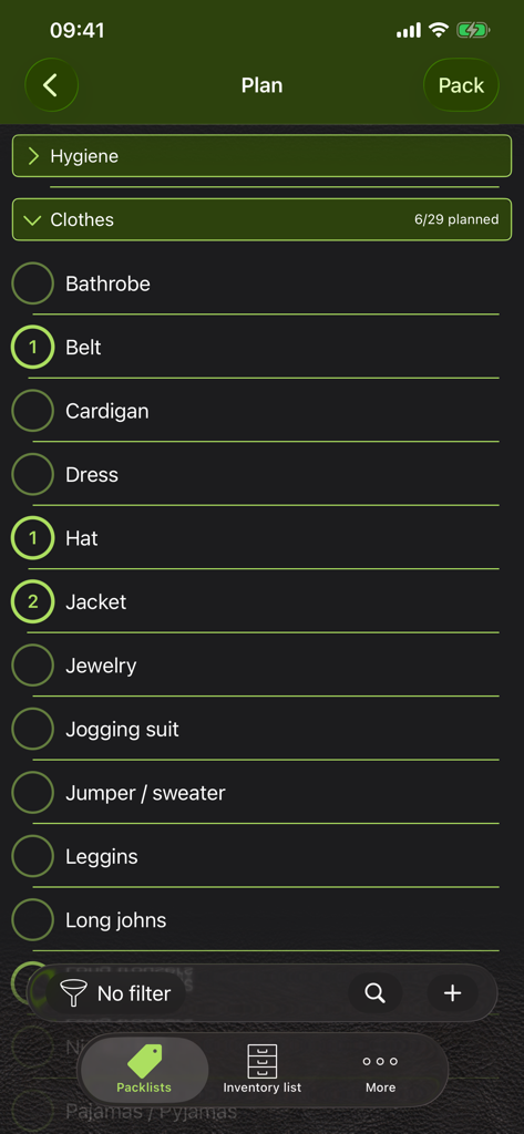 Pack The Bag - User interface of the Pack The Bag app displaying a checklist for clothing items including jacket, hat, and belt.