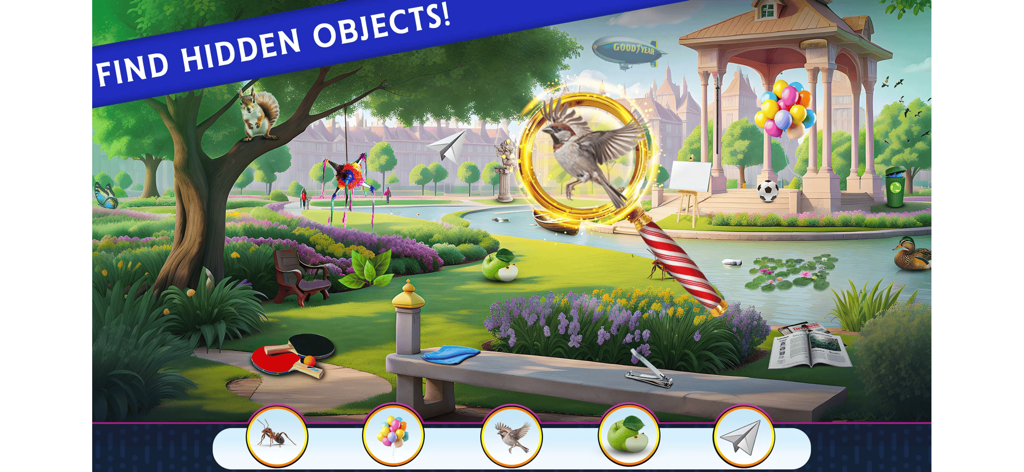 Hidden Objects Seek And Find - Gameplay screen of a hidden object puzzle game featuring a vibrant park scene and objects to find.