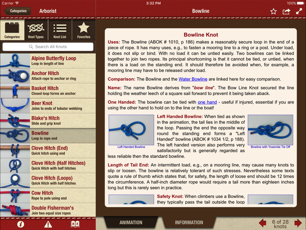 Screenshot of the Animated Knots by Grog HD app showing detailed instructions and diagrams for tying a Bowline Knot on an iPad