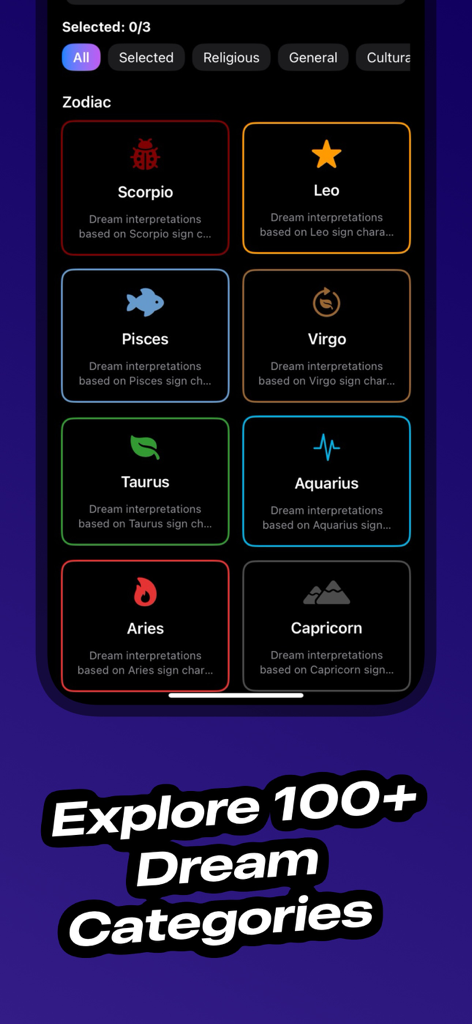 A grid of zodiac signs like Scorpio Leo and Pisces used for dream interpretation categories in the AI Interpreter app