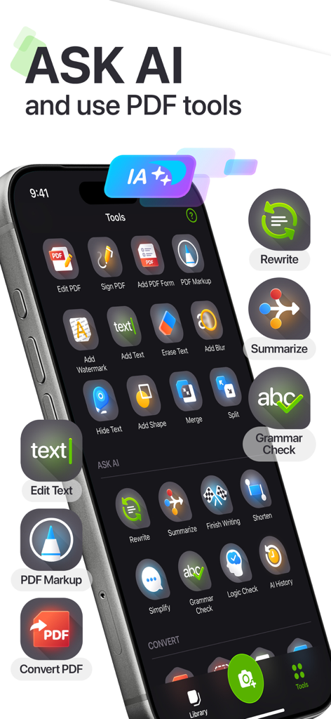 My Scanner: Scan to PDF & Edit - Interface de l'application My Scanner montrant un assistant d'écriture IA et des outils d'édition PDF sur un iPhone