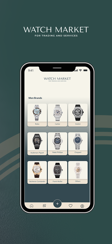 Watch Market App - Interface do Watch Market App mostrando uma grade de marcas de relógios de luxo masculinos, incluindo Rolex, Cartier e Patek Philippe