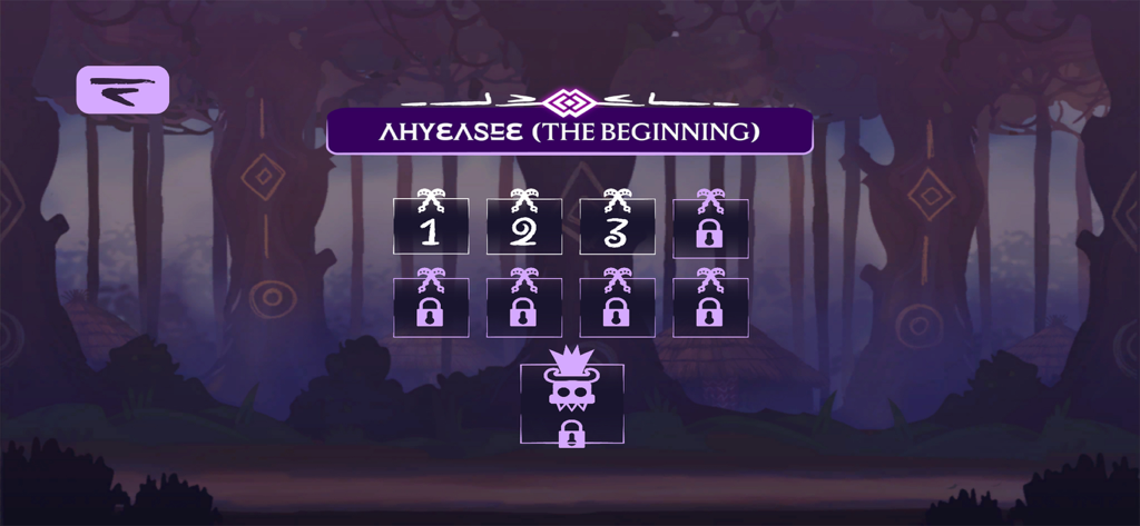 Anokye - Level selection screen in the Anokye game titled Ahyeasee The Beginning showing unlocked and locked levels over a purple forest background.