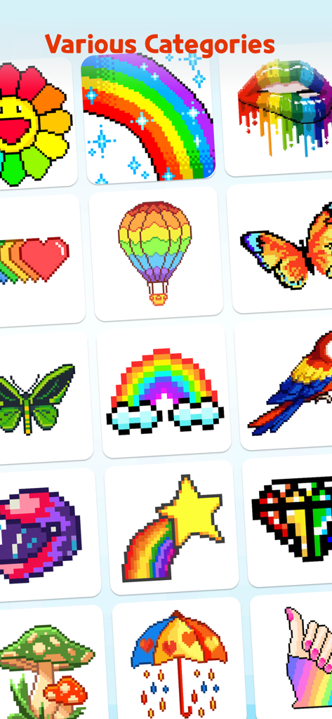 Pixel Art: Paint by Number - Una galleria che mostra una varietà di disegni pixel art colorati in diverse categorie come natura e oggetti