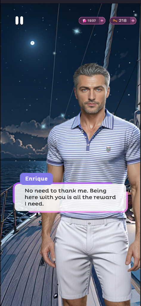 Lush: Interactive Stories - Un atractivo personaje llamado Enrique hablando en un yate por la noche en la aplicación de historias interactivas Lush.