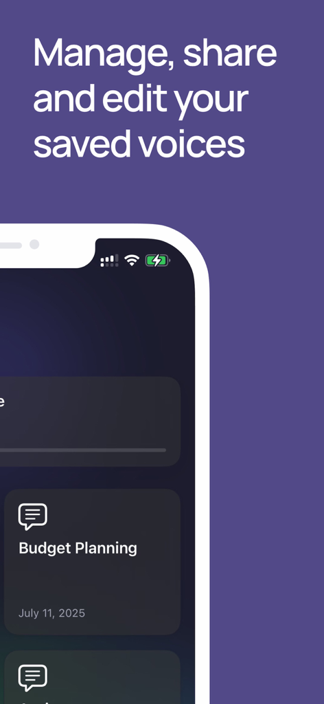 Turn Text to Voice - Voicify - Mobile interface of the Voicify app showing a dashboard to manage, share, and edit saved AI generated voices.