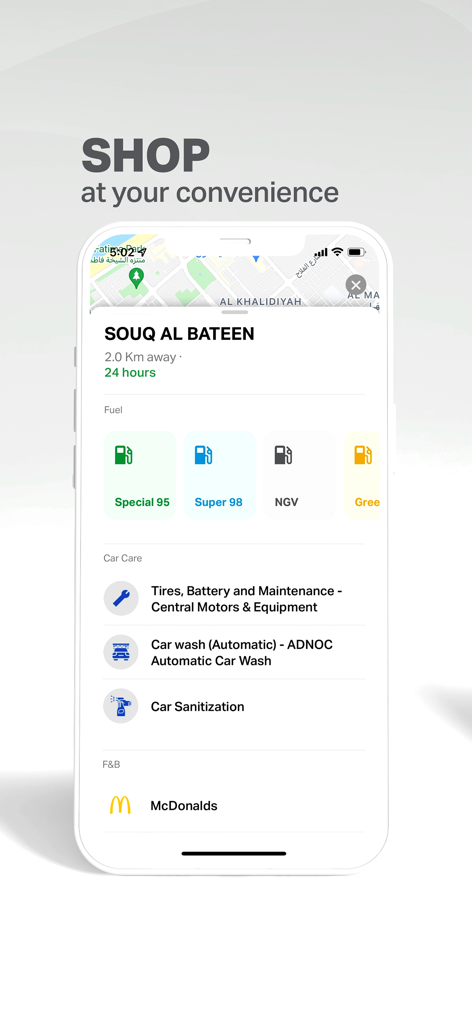 ADNOC Dist app interface showing fuel types, car care services, and food outlets at a specific station.