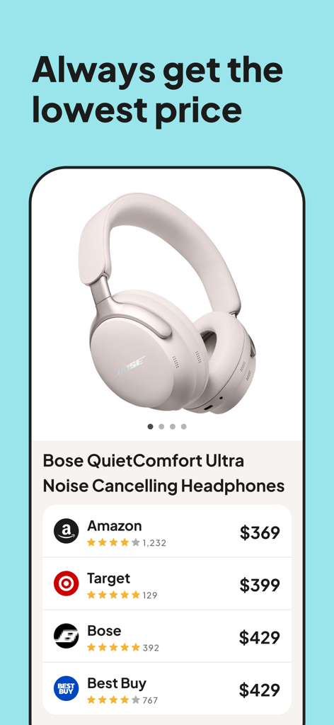 Vetted AI app showing a price comparison for Bose QuietComfort Ultra headphones across Amazon, Target, Bose, and Best Buy.