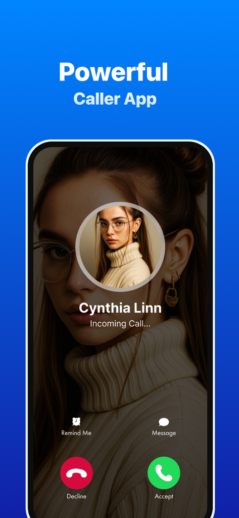 Phone lD CaIIer - Bildschirm eines eingehenden Anrufs in der Phone ID Caller-App mit einem professionellen Kontaktprofil und klaren Antwortoptionen.