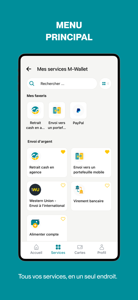 Menu des services de l'application Cash Plus montrant les options de transfert d'argent et les favoris comme Western Union et PayPal.