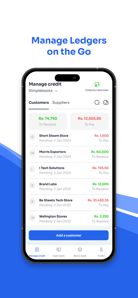 Pantalla móvil de la aplicación Shopbook que muestra el panel de gestión de crédito con resúmenes de las cantidades a recibir y pagar de varios clientes