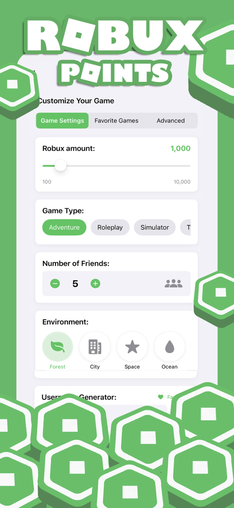 Interface of the Robux Points app showing customization settings for a game scenario including robux amount and environment selection