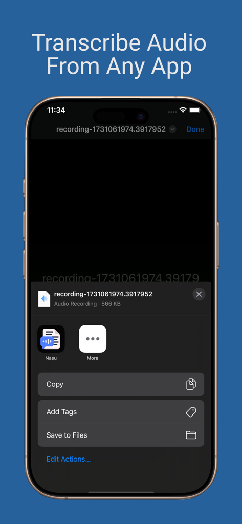 Nasu - Voice Notes - Screenshot of Nasu app showing audio transcription integration via the iOS share menu