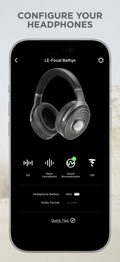 Focal & Naim - Focal and Naim app screen for configuring Focal Bathys headphones settings including EQ and noise cancellation