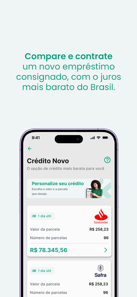 Konsi | Empréstimo Consignado - Konsi app interface comparing payroll loan offers from different Brazilian banks