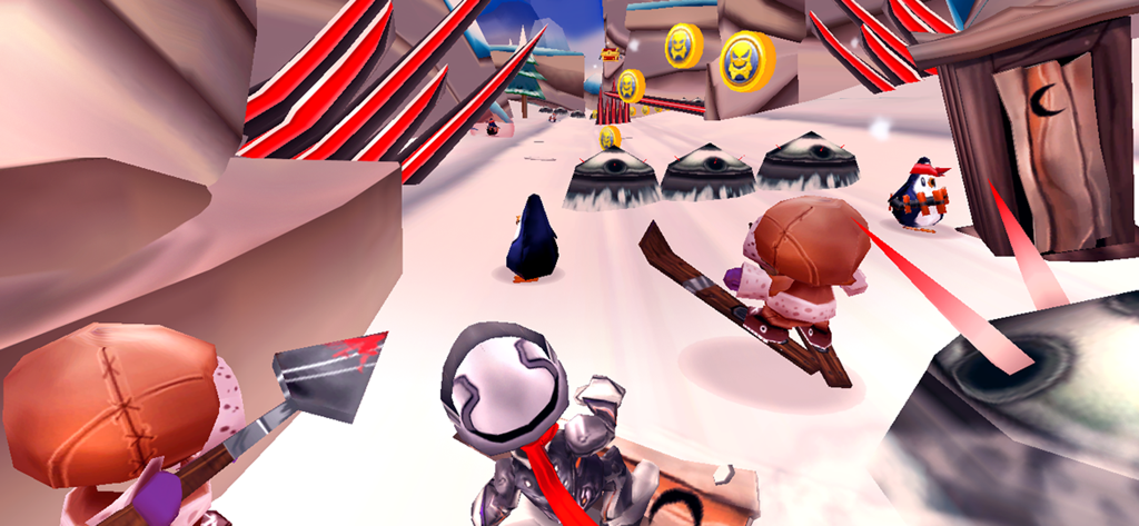 Skiing Fred - Personajes en Skiing Fred haciendo snowboard por una pista de montaña nevada esquivando trampas y pingüinos