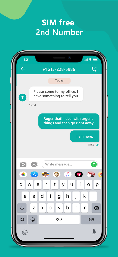 Bildschirm eines Smartphones, der eine Chat-Konversation auf einer zweiten SIM-freien Telefonnummer über die 2nd Call App zeigt