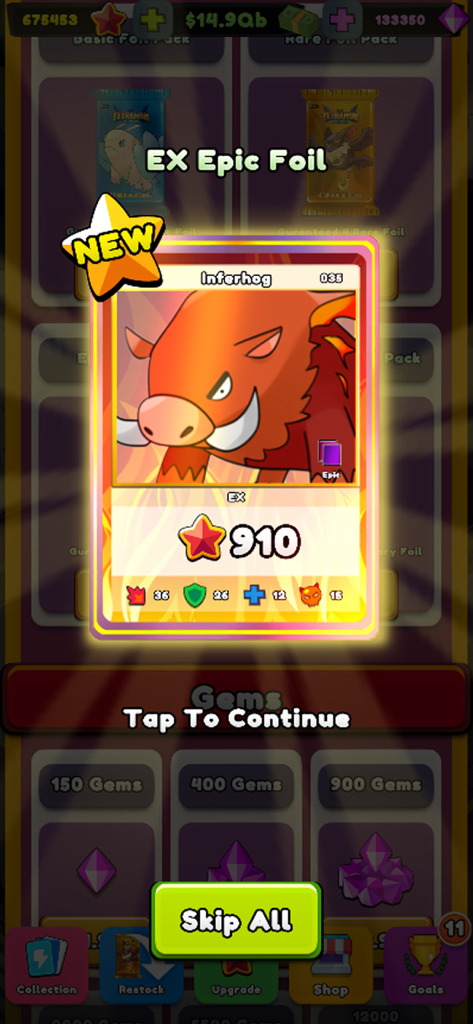 TCG Card Shop Tycoon Simulator - An EX Epic Foil Inferhog card reveal in the TCG Card Shop Tycoon Simulator app