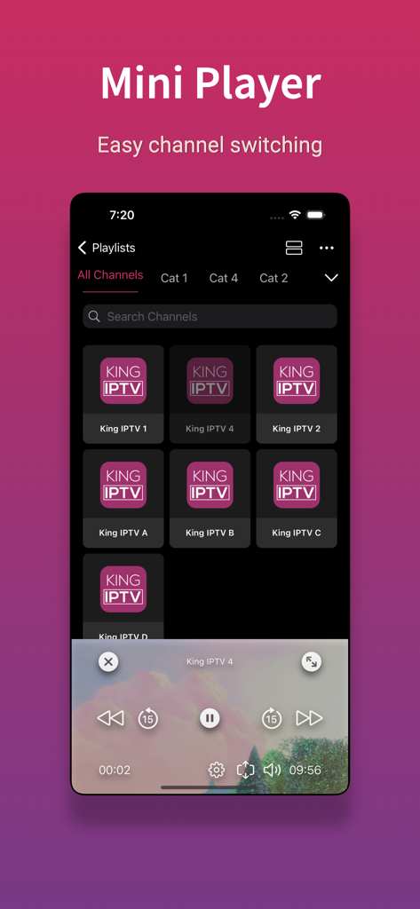 King IPTV Pro app interface showing the mini player for easy channel switching