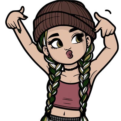 realistic teenage girl with braids and a beanie and crop top doing 🫶🏼