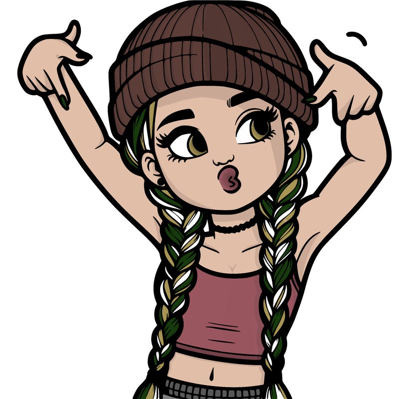 realistic teenage girl with braids and a beanie and crop top doing 🫶🏼