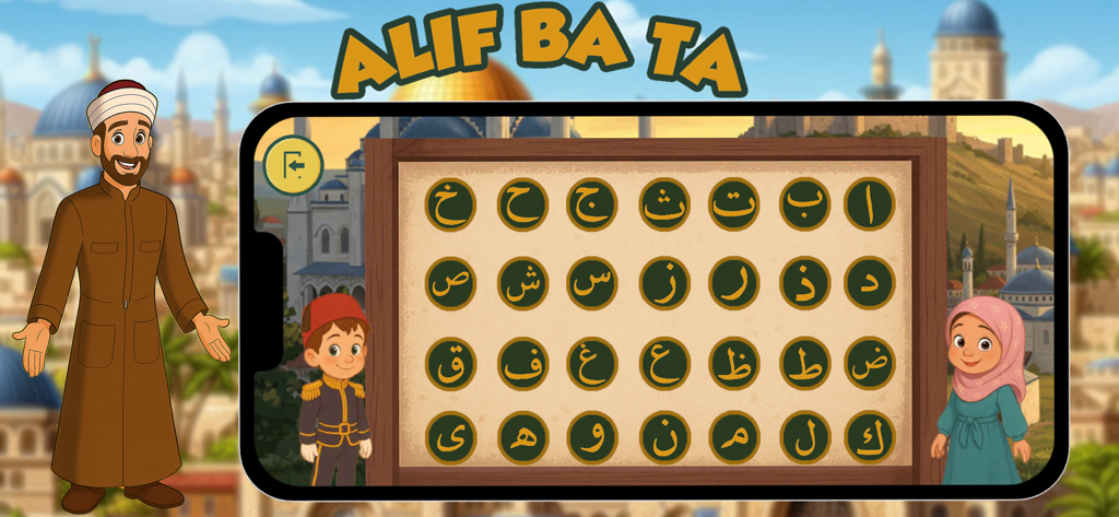 Alif Ba Ta app interface displaying Arabic letters for kids with cartoon characters