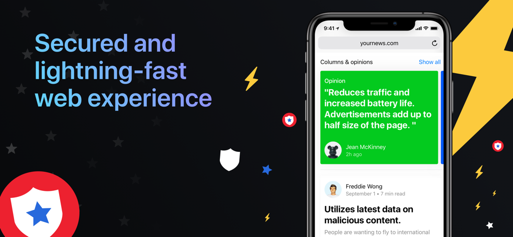 Ad Security Center - Ad Security Centerアプリのスクリーンショット。広告ブロック機能を備えた、安全で超高速なモバイルWeb体験を宣伝しています。