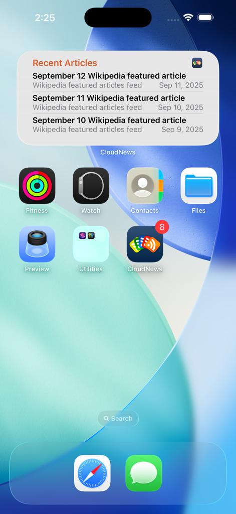 CloudNews feed reader home screen widget on iPhone