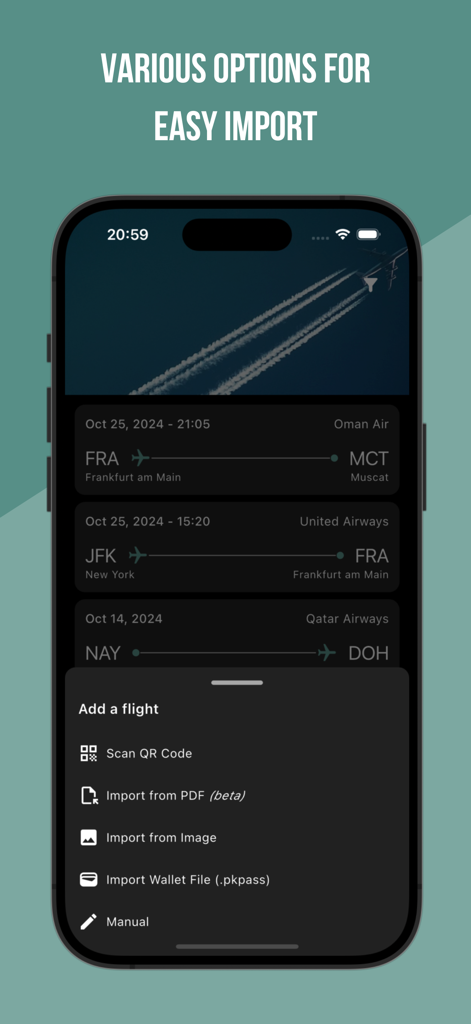 Una pantalla de smartphone que muestra el menú de agregar un vuelo en la aplicación myFlights con opciones para escanear códigos QR e importar archivos PDF