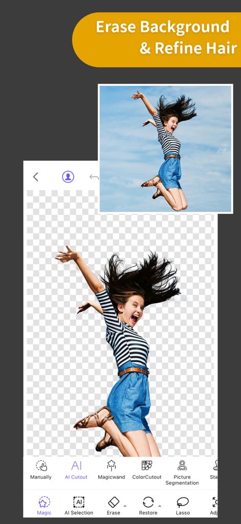 ProKnockOut app interface showing a woman jumping with her background erased and fine hair details preserved.