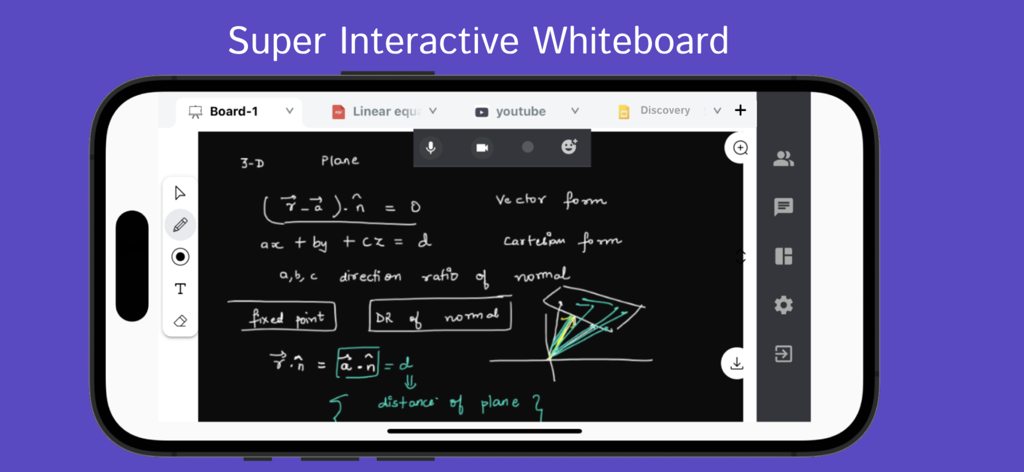 MeritHub - MeritHub app interface displaying a digital whiteboard with 3D plane geometry and vector formulas on an iPhone screen.