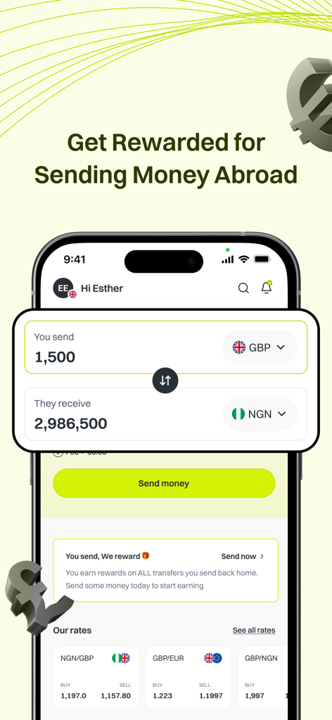 Prune Payments - Prune Payments mobile app interface for international money transfers with rewards