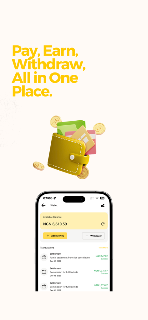 Rideshare NG - Rideshare NG mobile app wallet interface showing available balance and transaction history for payments and earnings
