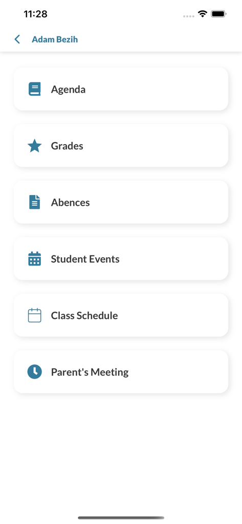 Main menu of the Lycee Hanaway mobile app showing sections for Agenda Grades Absences Student Events Class Schedule and Parents Meeting