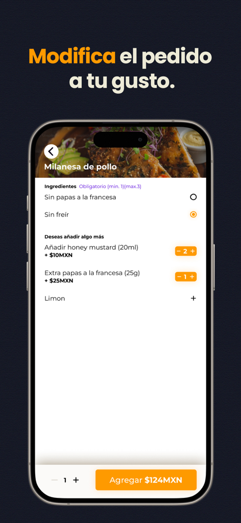 Coco APP - Interfaccia mobile di Coco APP per personalizzare un ordine di cibo con opzioni di ingredienti e aggiunte