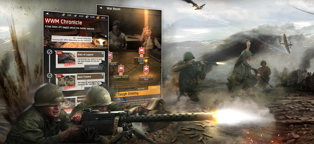 World War: Machines Conquest - World War Machines Conquest gameplay showing battlefield action with mission and war room menu overlays