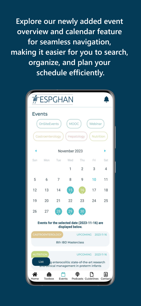 ESPGHAN app events section showing a calendar for November 2023 with upcoming medical education sessions and filters for webinars and masterclasses