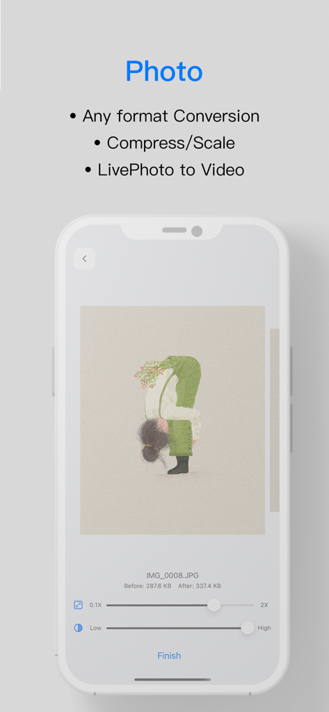 Toolbox by Paperclip - Screenshot della sezione Strumenti Foto in Toolbox by Paperclip app che evidenzia le funzionalità di conversione e compressione del formato