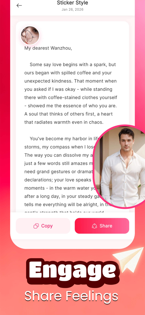 Mulm - Interfaz de la aplicación Mulm que muestra una carta sincera con botones para copiar y compartir.