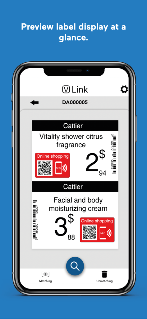 VUSION Link - Interfaz de la aplicación VUSION Link que muestra una vista previa de las etiquetas de precios digitales para productos minoristas