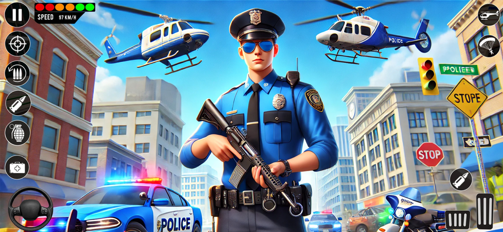 Police Car Games - Police Game - Action gameplay scene with a police officer, squad cars, and helicopters in a city environment
