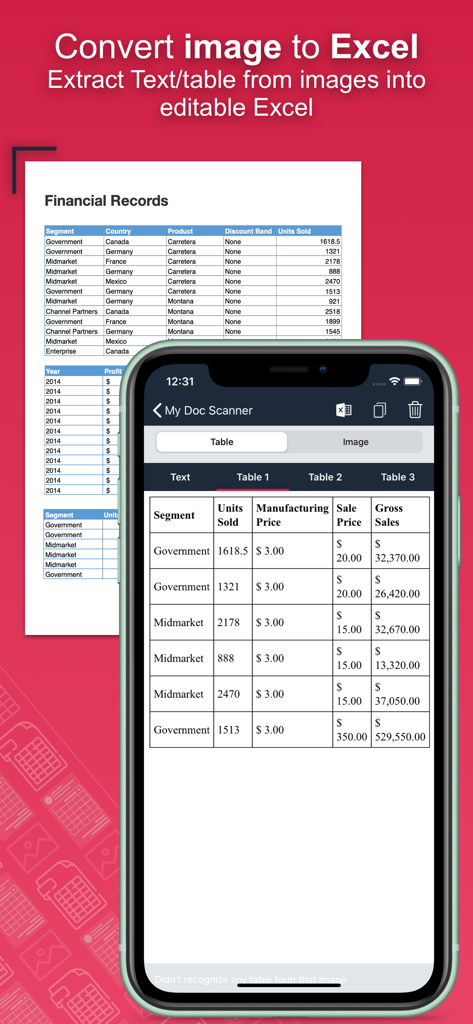 物理的な財務ドキュメントを編集可能なデジタルテーブルに変換するスマートフォンアプリ画面