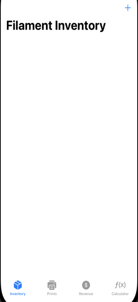 The filament inventory screen of the 3D Printing Inventory Manager app showing a clean interface and bottom navigation.